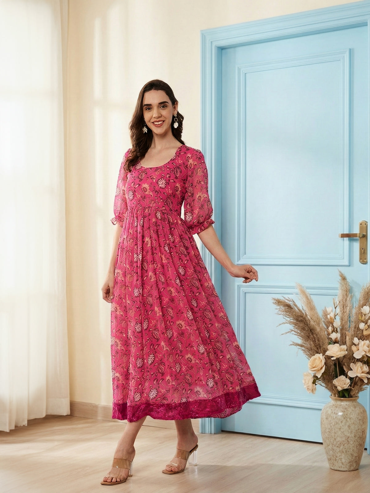 anarkali midi dress Kuberakshi Floral Print Anarkali Midi Dress with Sequin Border