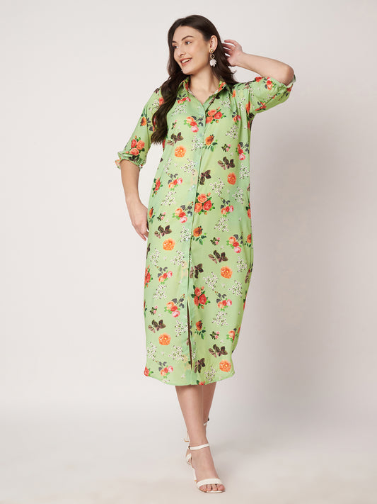 Kuberakshi- Pista green printed long shirt style dress with belt