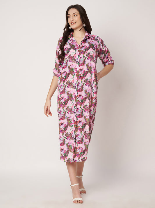 Kuberakshi- Pinky peacock print shirt style long dress with Pocket and belt