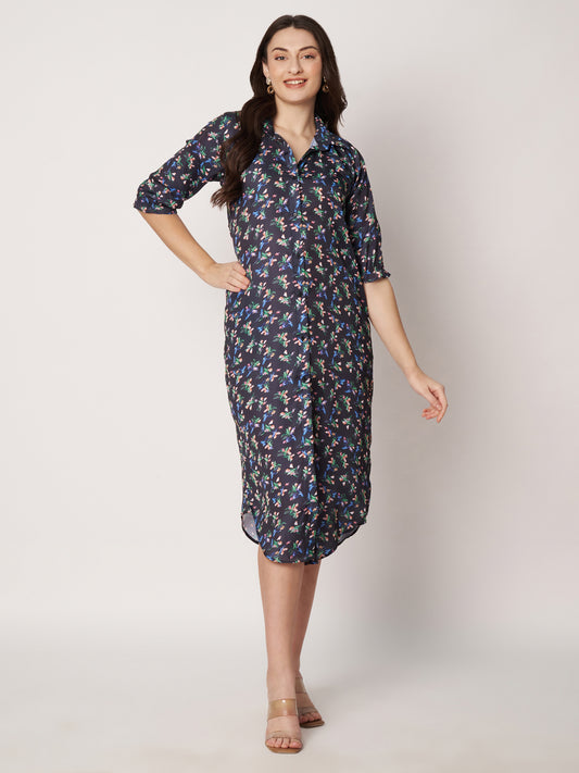 Kuberakshi- Black With small flower print shirt style long Dress