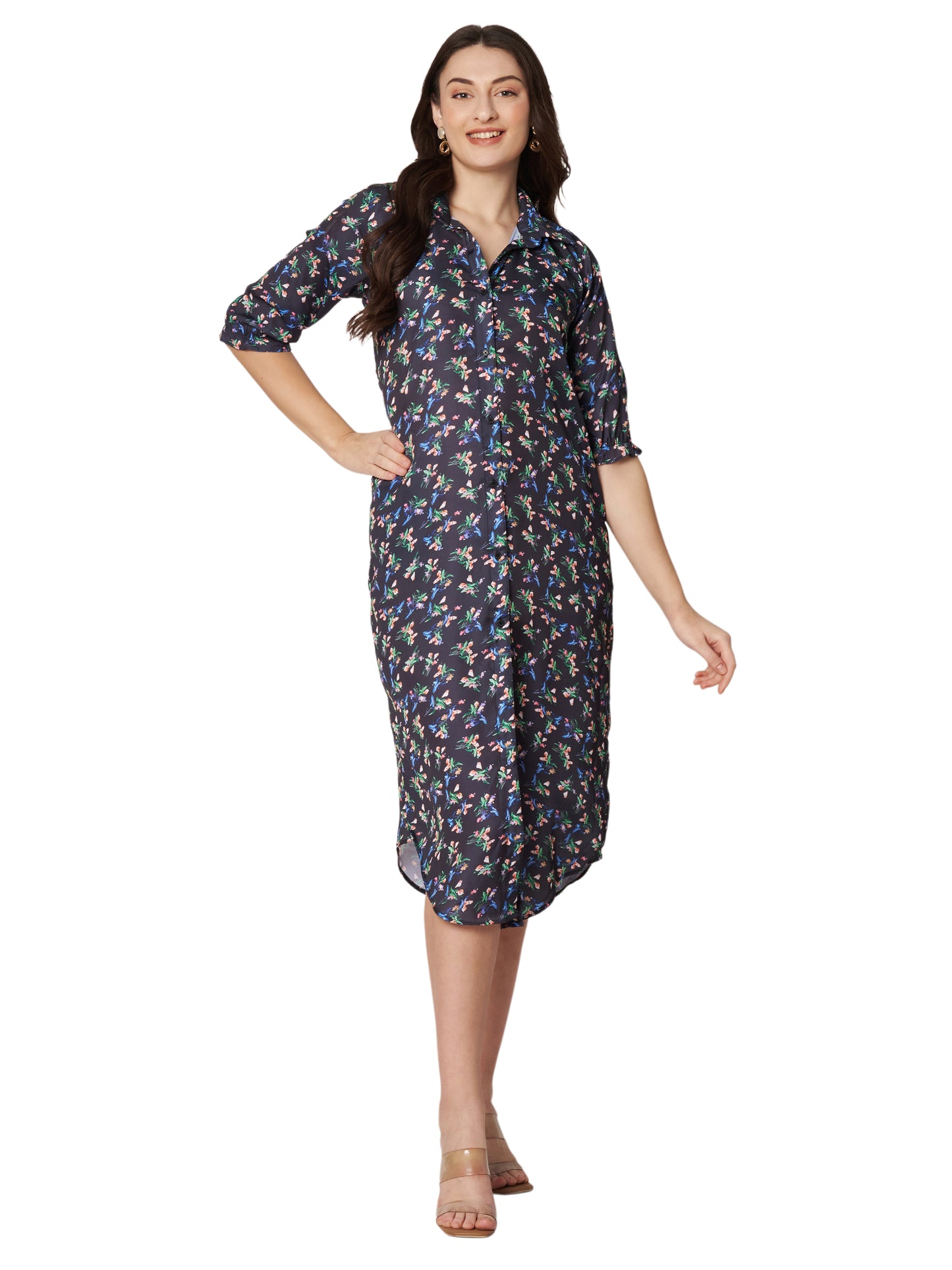 Kuberakshi- Black With small flower print shirt style long Dress