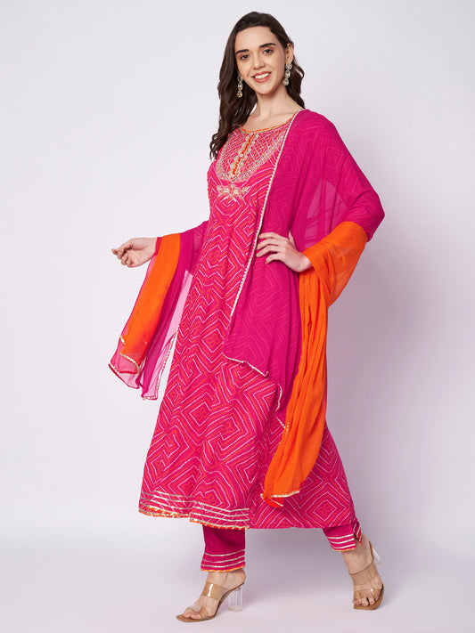 Hot Pink Jaipuri Print Frock Suit