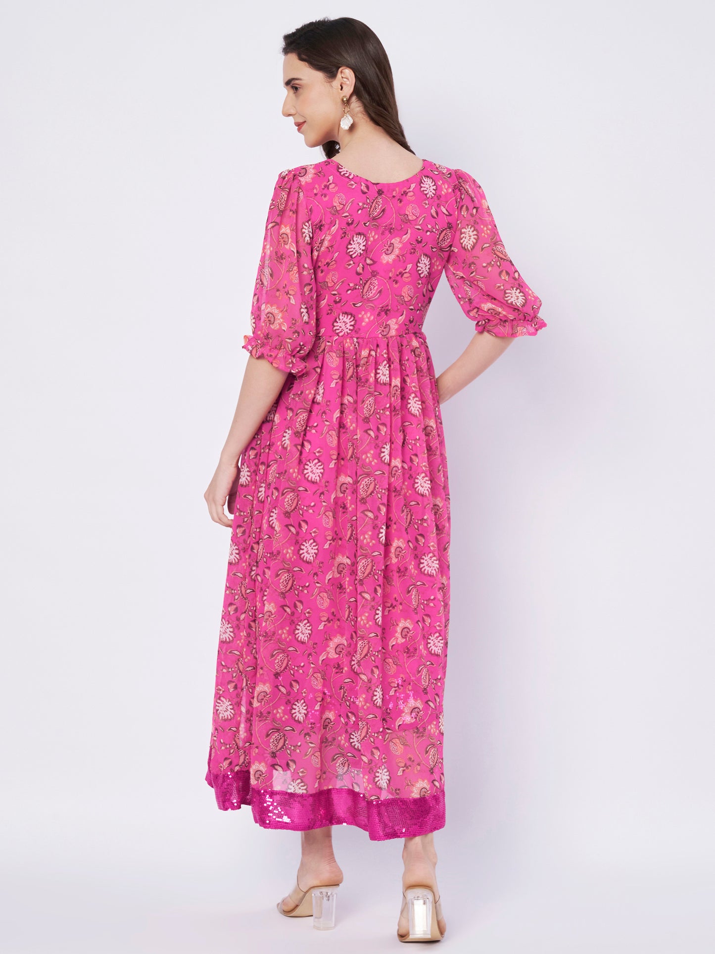 Kuberakshi Floral Print Anarkali Midi Dress with Sequin Border