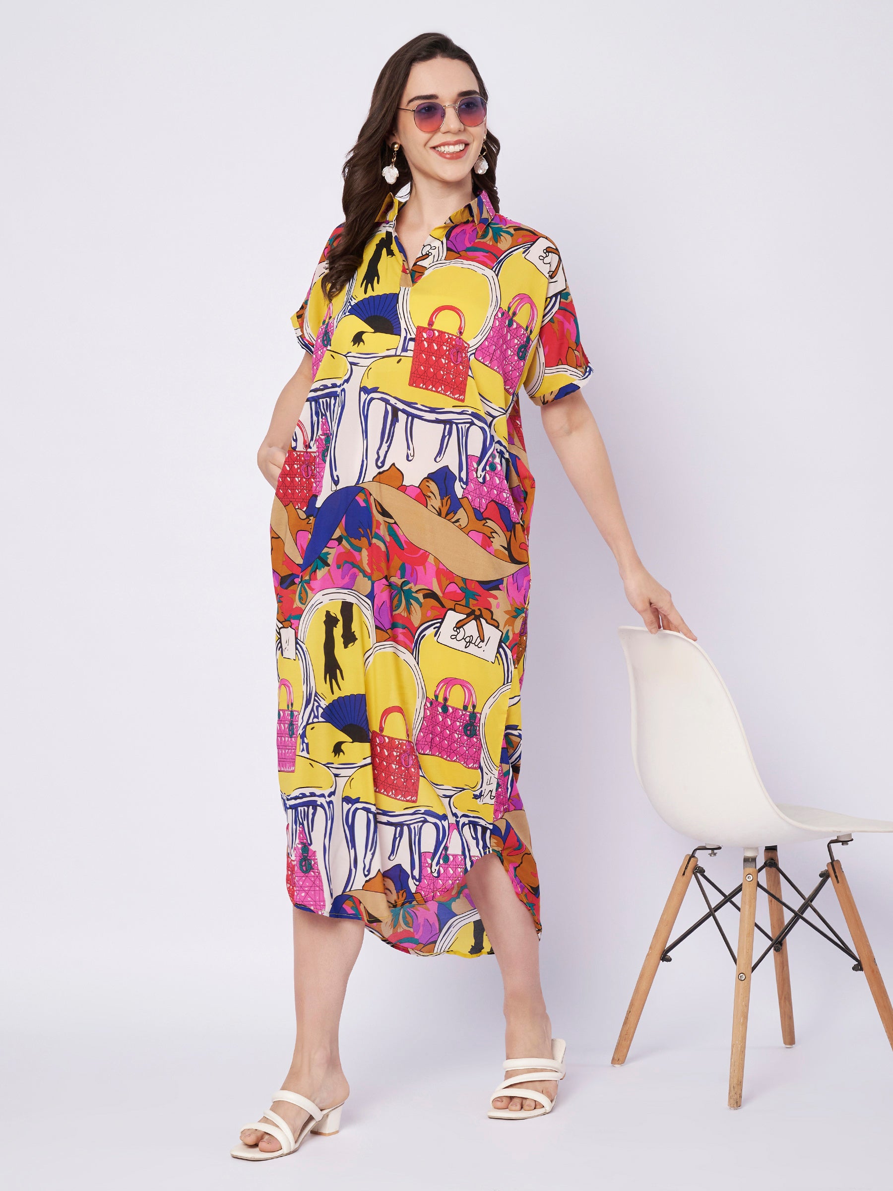 oversize midi shirt dress Women's Multicolor Abstract Print Oversized Midi Shirt Dress