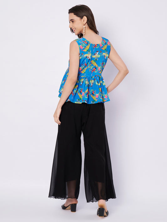Kuberakshi Tropical Print Peplum Top with Black Palazzo Set