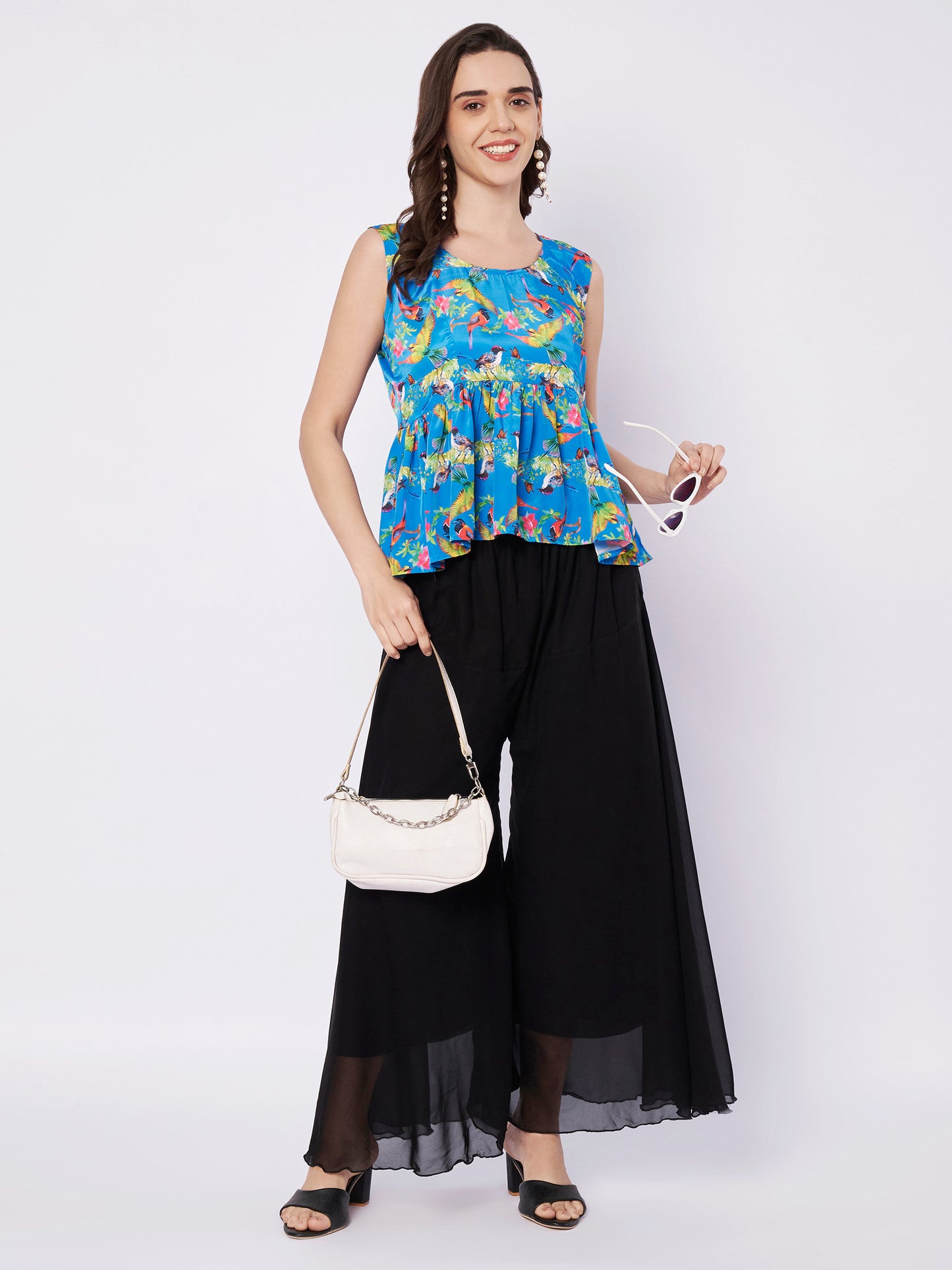 Kuberakshi Tropical Print Peplum Top with Black Palazzo Set