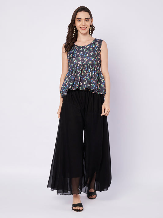Kuberakshi Floral Peplum Top with Black Palazzo Set