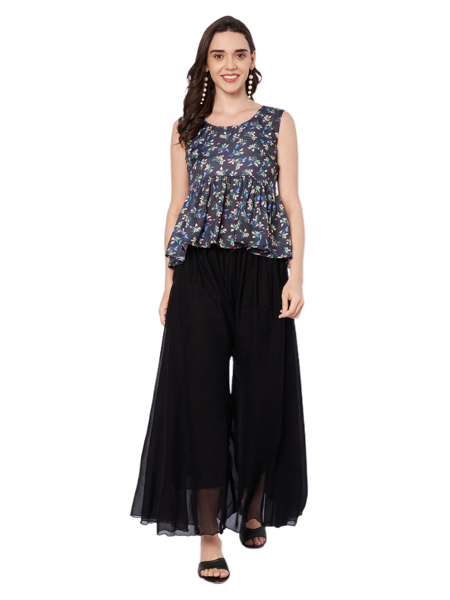 Kuberakshi Floral Peplum Top with Black Palazzo Set