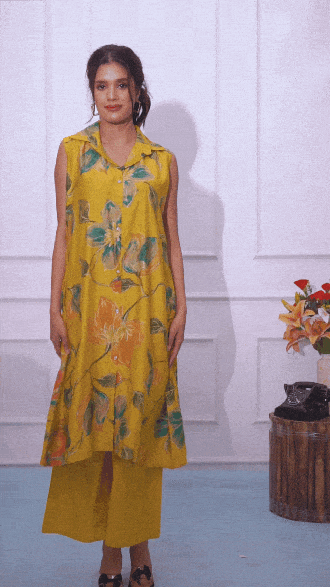 Yellow Printed Shirt Style Cord Set