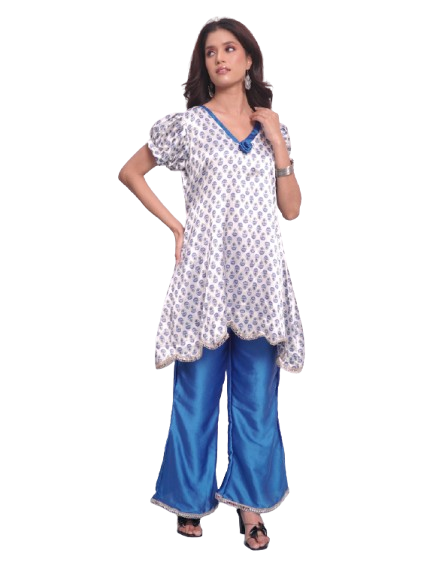 White Satin with Blue bell bottom Designer cord set