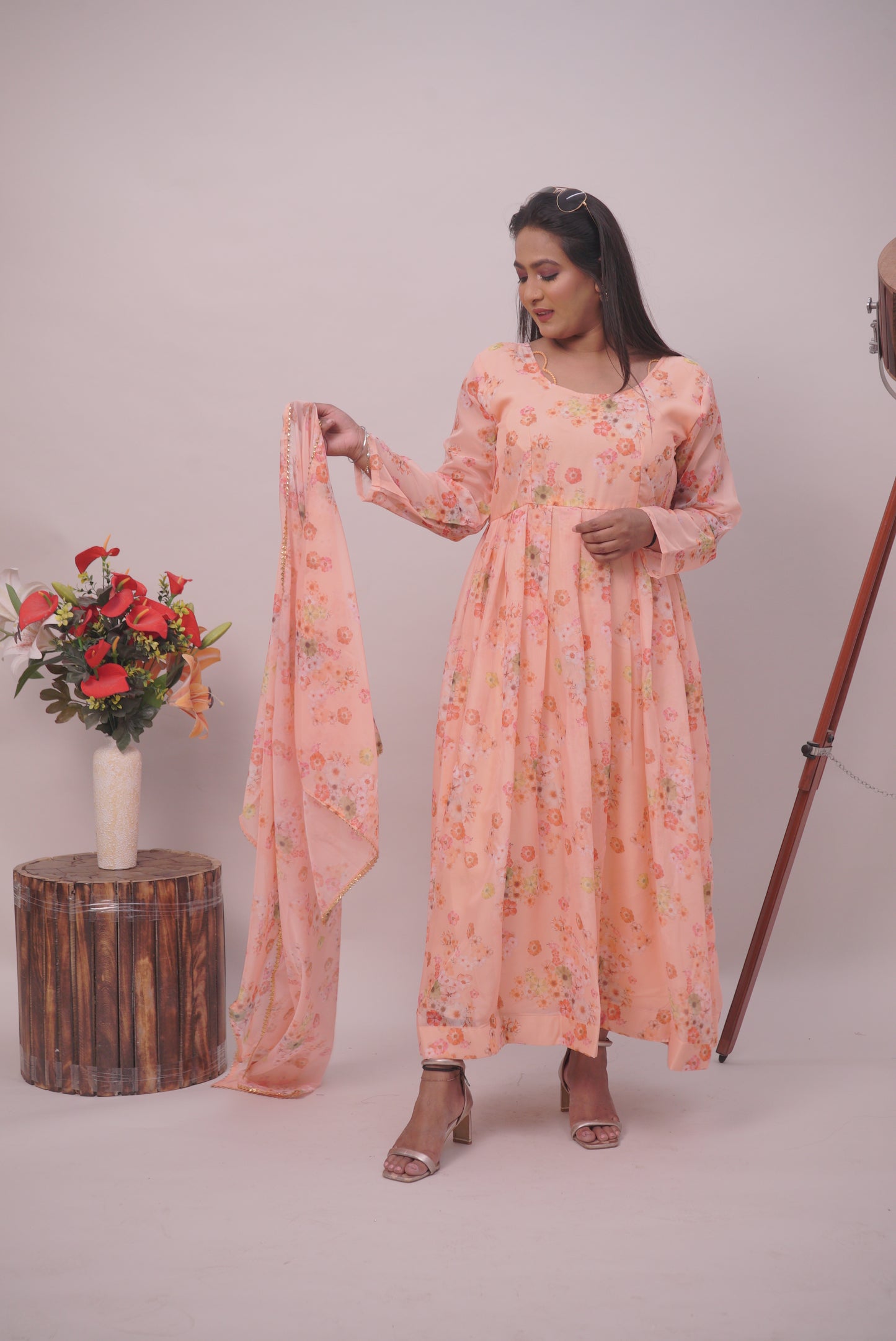 Peach Floral Anarkali kurta Pant Set