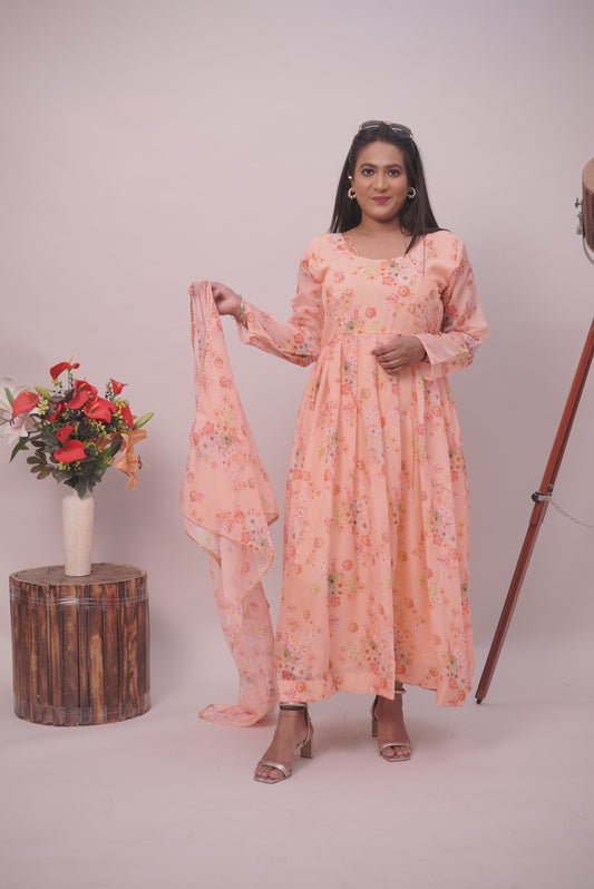 Kuberakshii -Peach Floral Anarkali kurta Pant Set