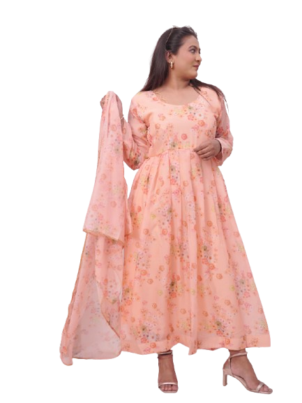 Peach Floral Anarkali kurta Pant Set