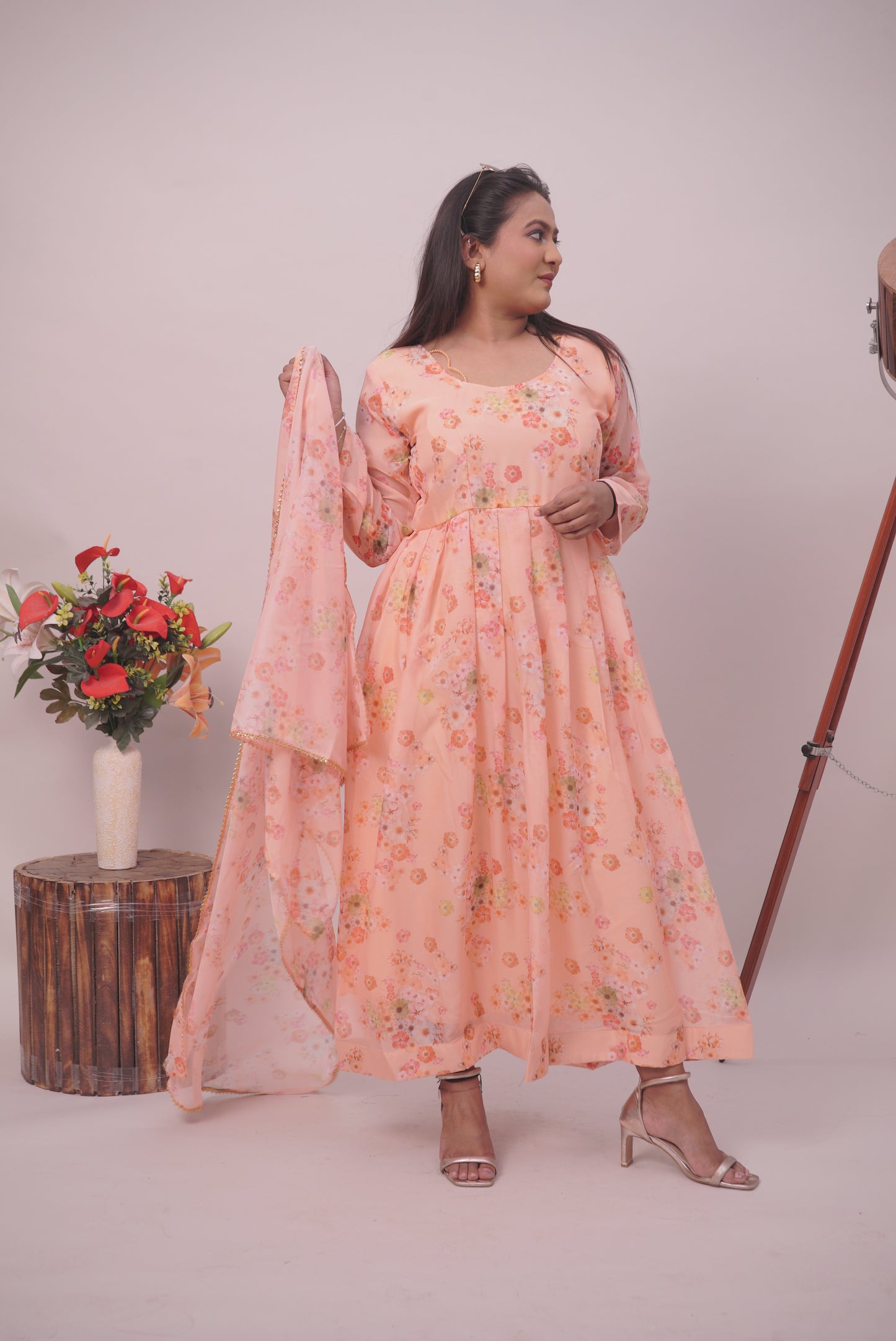 Peach Floral Anarkali kurta Pant Set