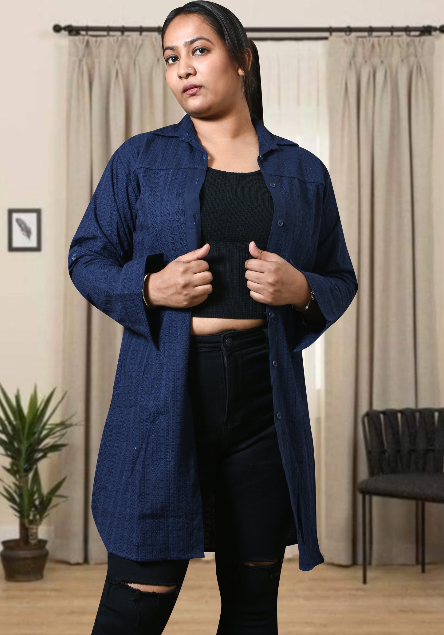 Navy Blue Faux Suede Long Waterfall Open Front Shirt For Women Ladies Girls