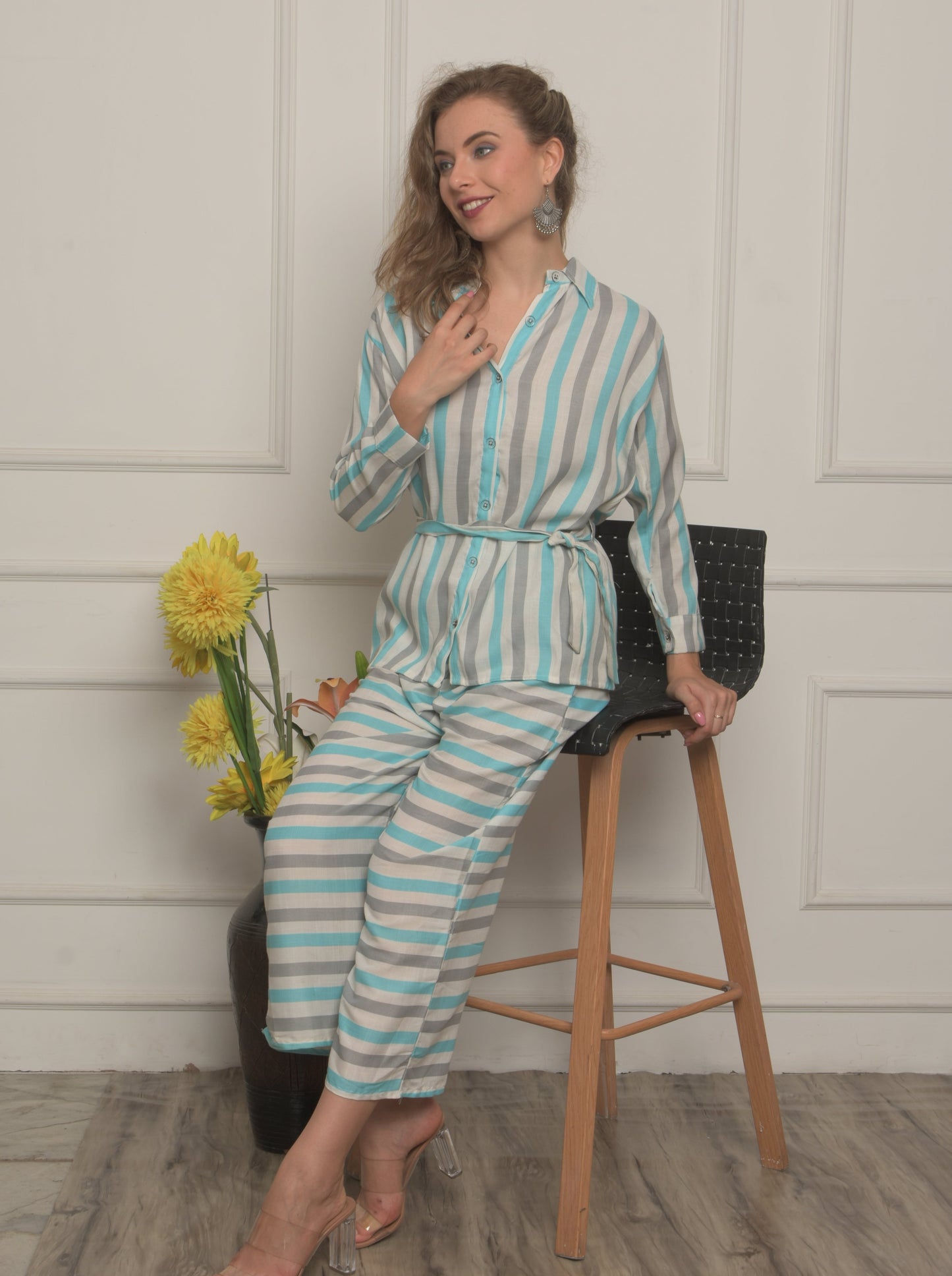 Comfy Blue Stripped printed style Cord Set for Women
