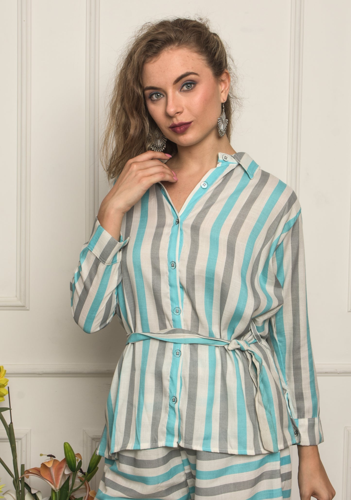 Comfy Blue Stripped printed style Cord Set for Women