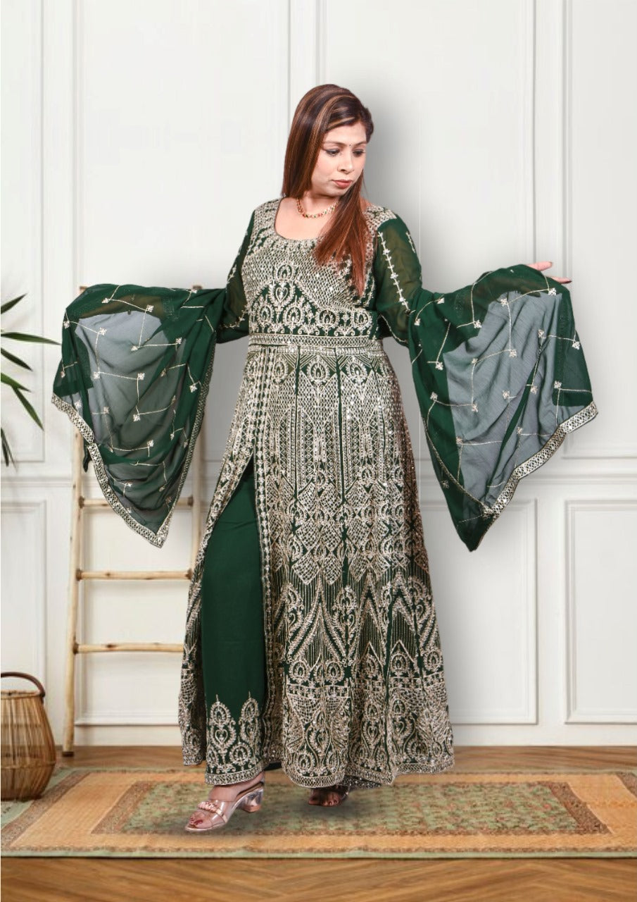 Bottle Green Heavy mirror Work Anarkali Gown with Palazzo for Women| Girls | Ladies