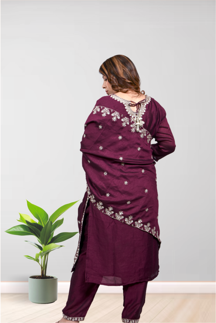 Krakshi-Kurta Set For Women - Wine colour Zari Sequence Embroidered Kurta Pant with Dupatta
