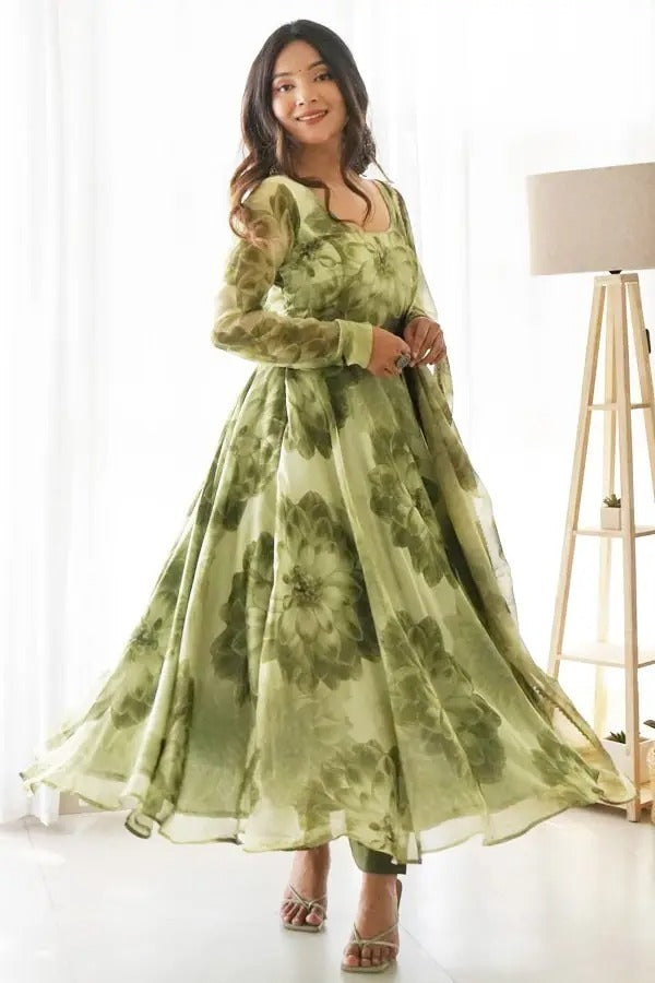 Mehndi Green Organza Anarkali Suit for Women| Girls|Ladies