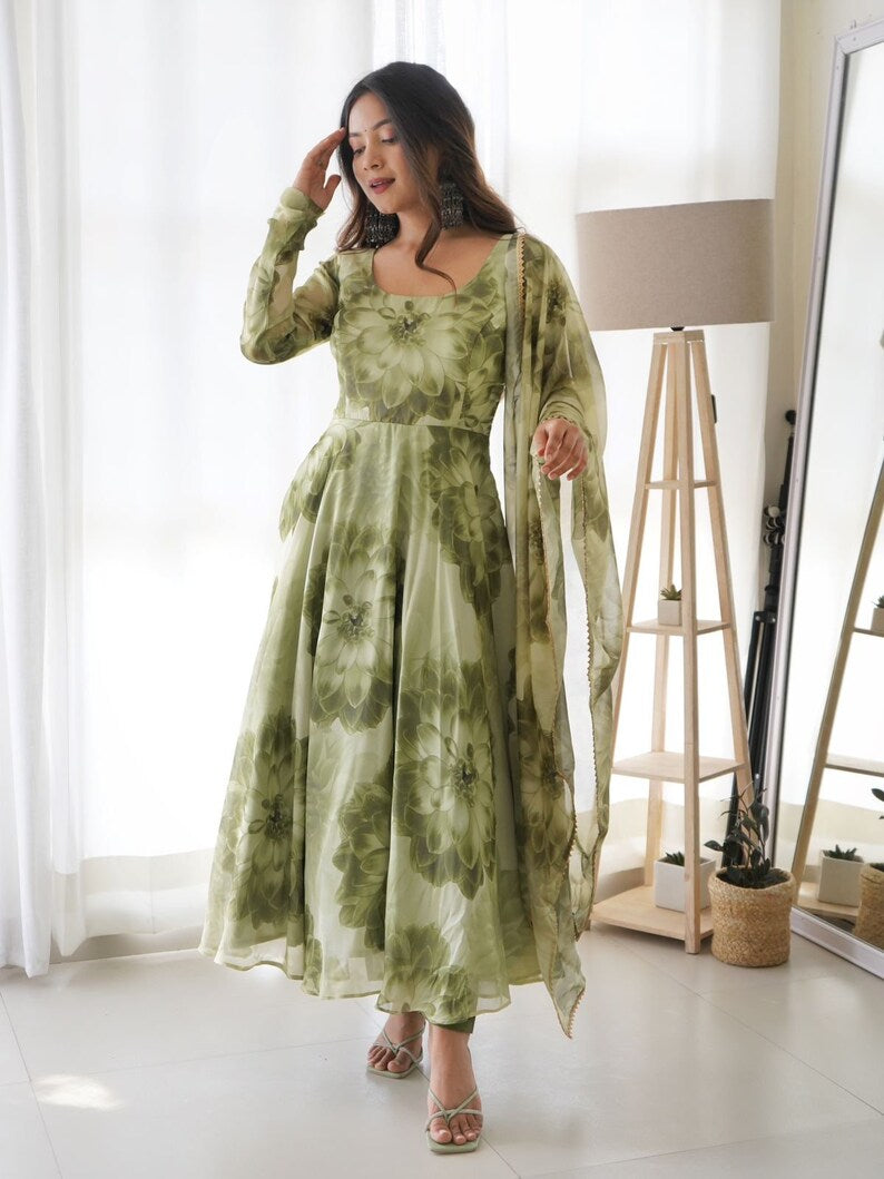 Mehndi Green Organza Anarkali Suit for Women| Girls|Ladies