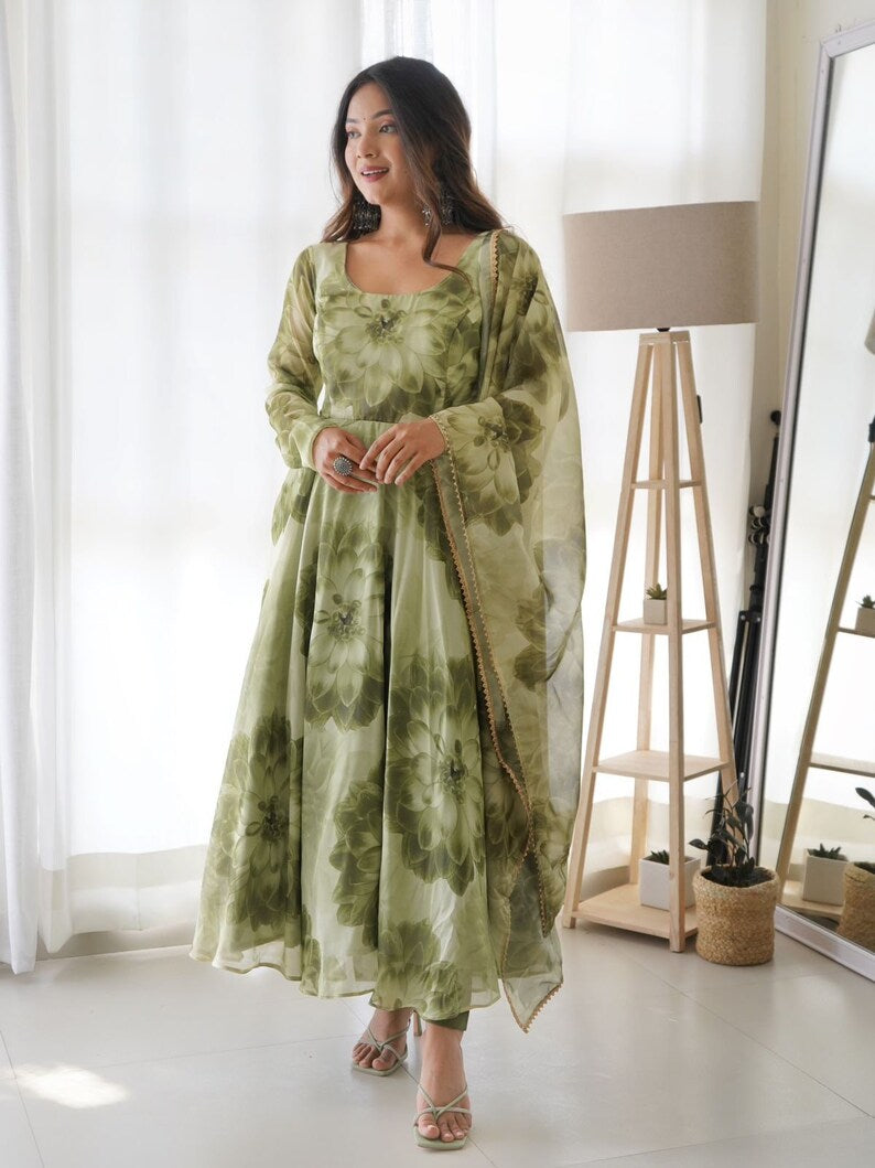 Mehndi Green Organza Anarkali Suit for Women| Girls|Ladies