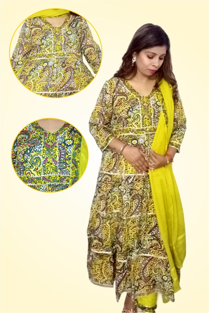 Mehndi yellow Anarkali cotton suit for Women|| Girls|| Ladies