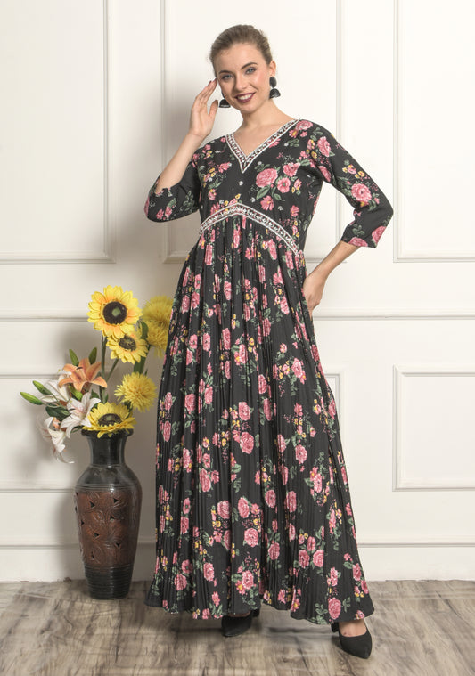 Black Georgette Floral Printed Gown for Women! ,Ladies, Girls- Party Wear