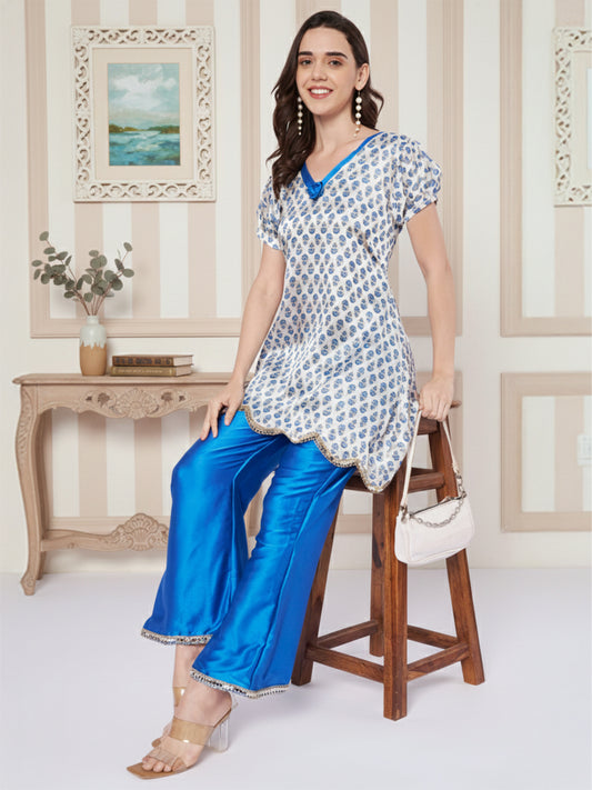 White Satin with Blue bell bottom Designer cord set