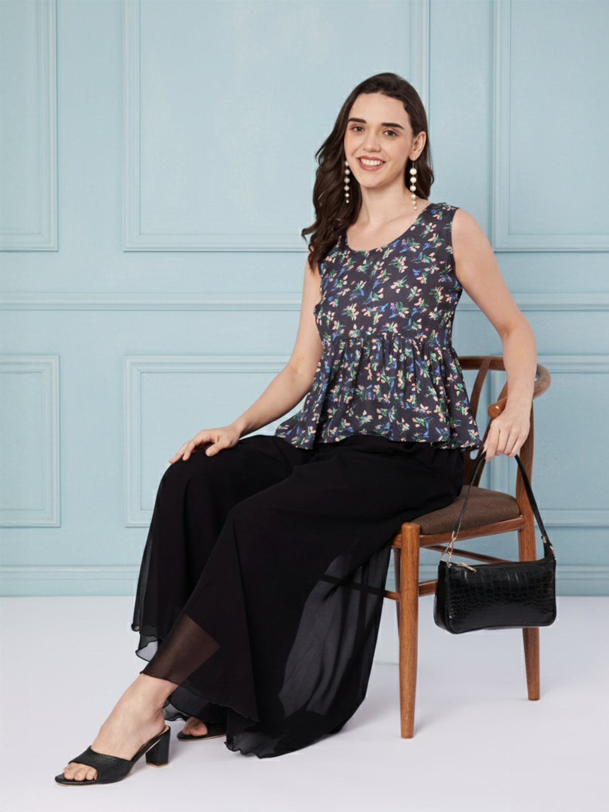 Kuberakshi Floral Peplum Top with Black Palazzo Set