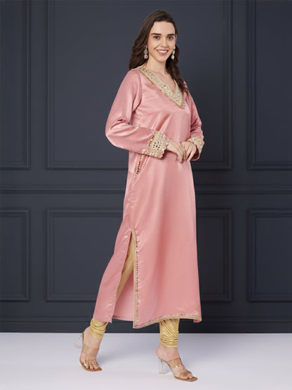 Kuberakshi Embellished V-Neck Kurta with Churidar Set