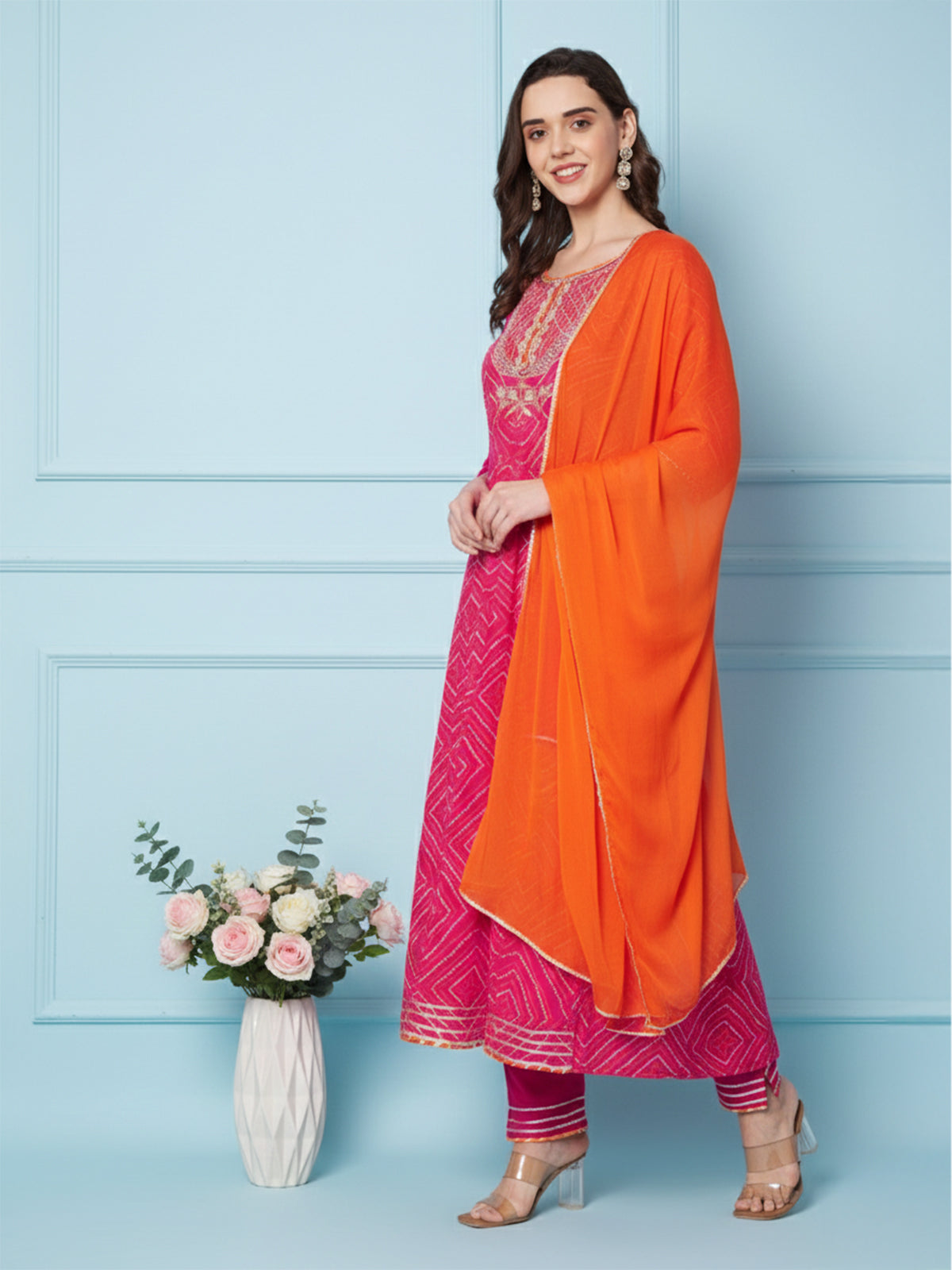 Hot Pink Jaipuri Print Frock Suit