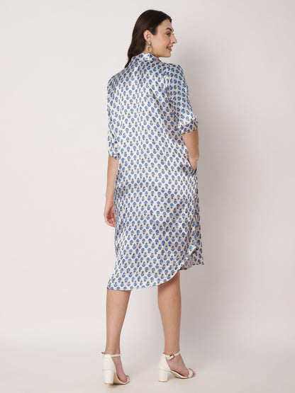 Kuberakshi-White with blue leaf print shirt style long dress