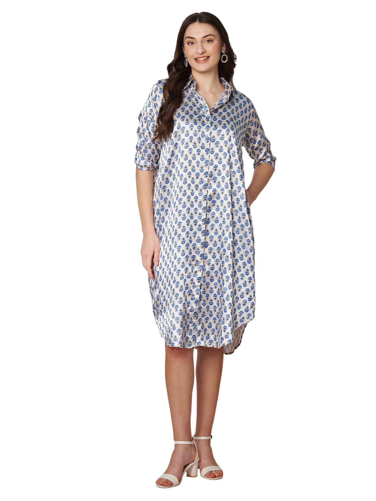 Kuberakshi-White with blue leaf print shirt style long dress