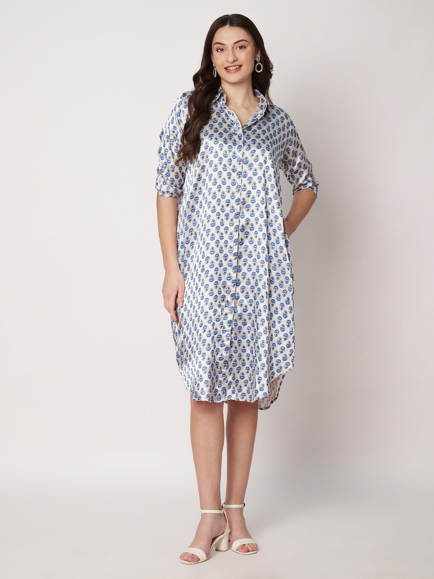Kuberakshi-White with blue leaf print shirt style long dress