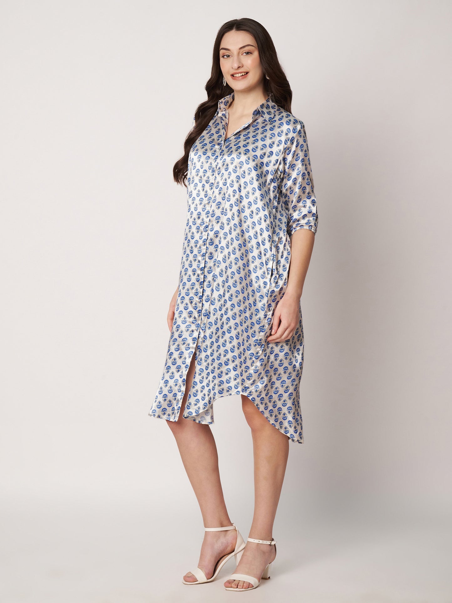 Kuberakshi-White with blue leaf print shirt style long dress