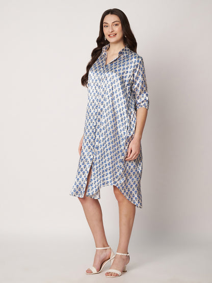 Kuberakshi-White with blue leaf print shirt style long dress