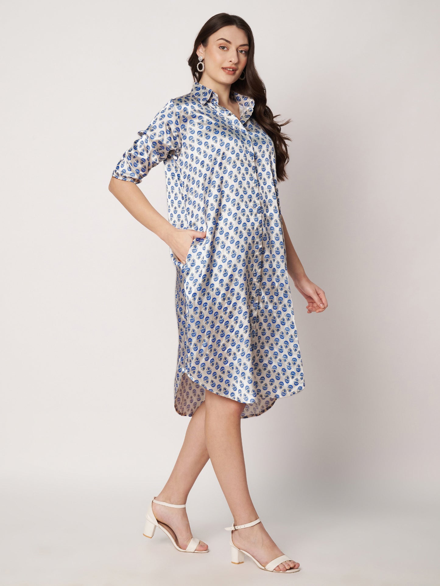 Kuberakshi-White with blue leaf print shirt style long dress