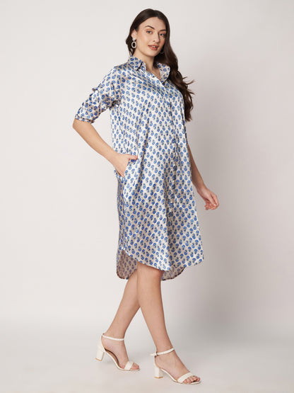 Kuberakshi-White with blue leaf print shirt style long dress