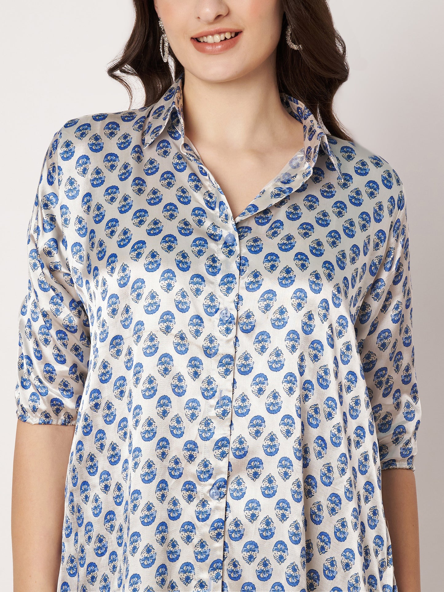 Kuberakshi-White with blue leaf print shirt style long dress