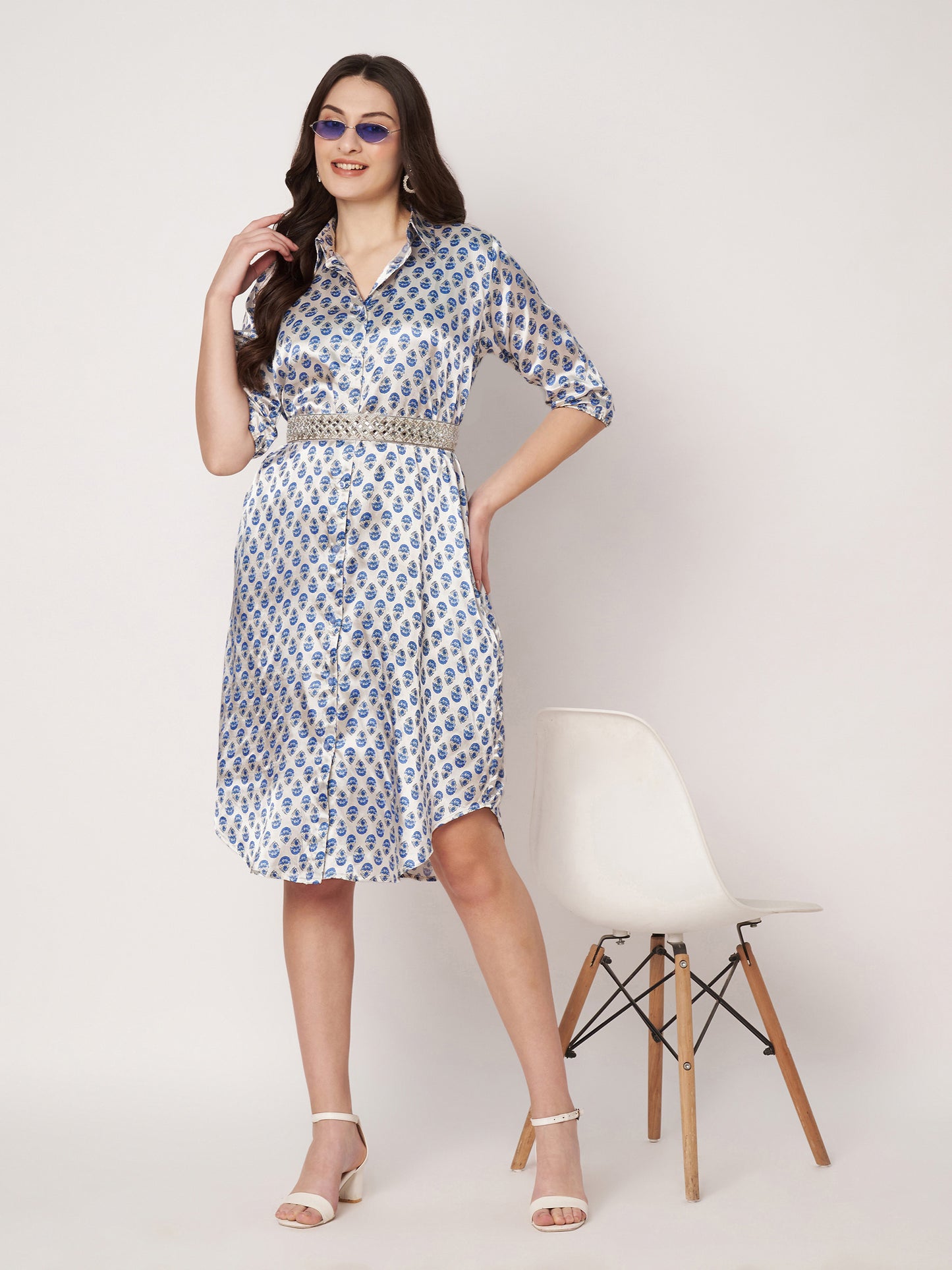 Kuberakshi-White with blue leaf print shirt style long dress