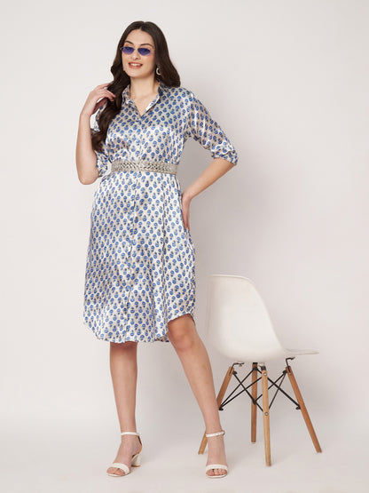 Kuberakshi-White with blue leaf print shirt style long dress