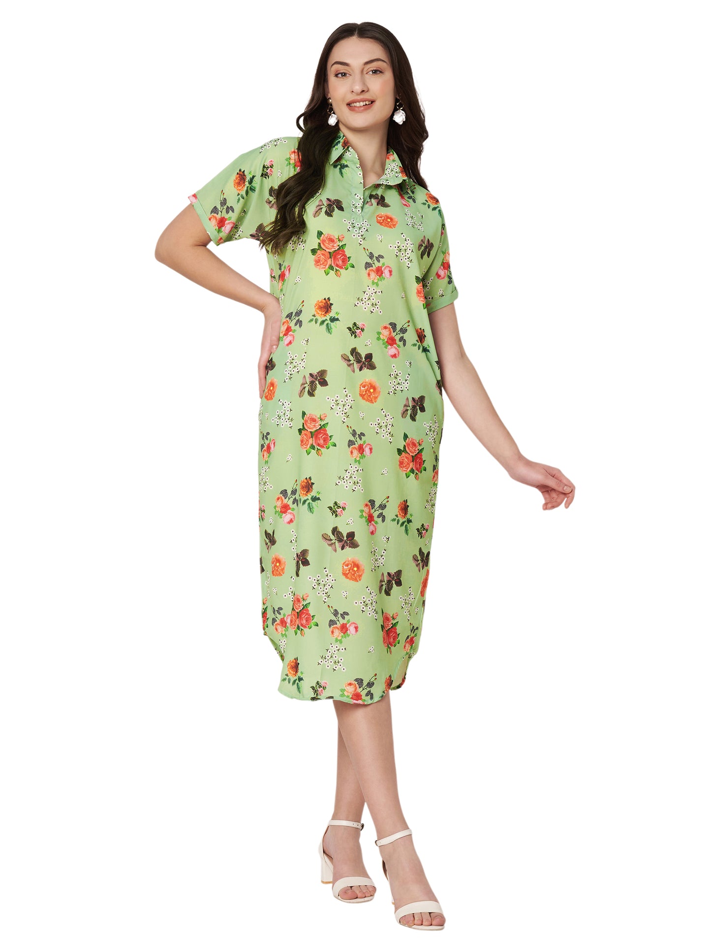 Kuberakshi- Pista Green with Rose flowers long dress with Korean sleeves
