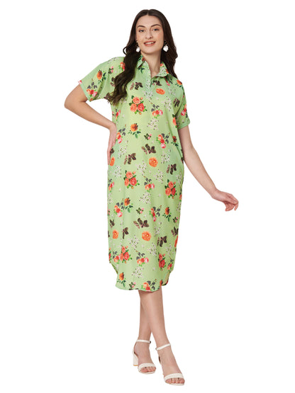 Kuberakshi- Pista Green with Rose flowers long dress with Korean sleeves