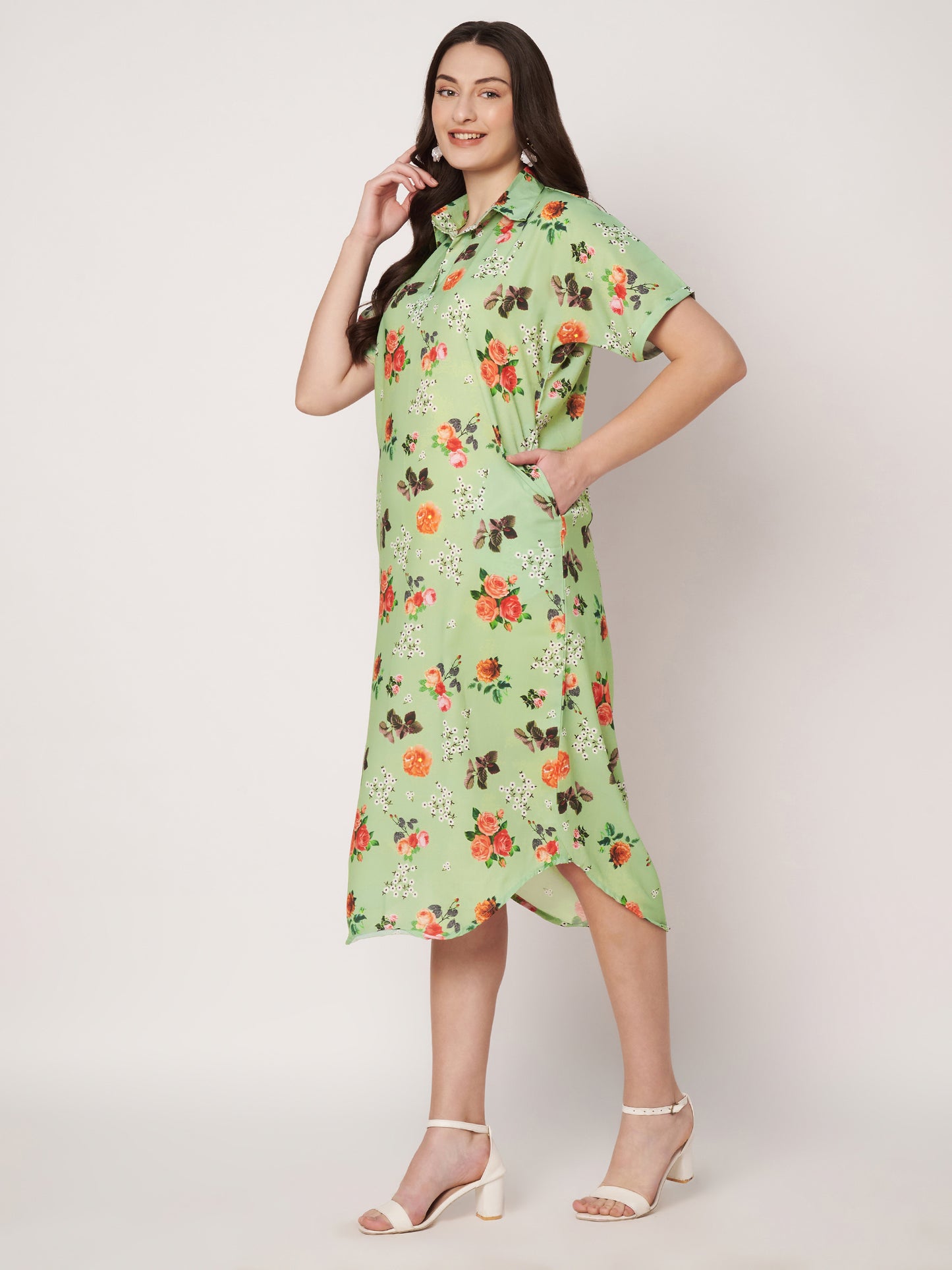 Kuberakshi- Pista Green with Rose flowers long dress with Korean sleeves