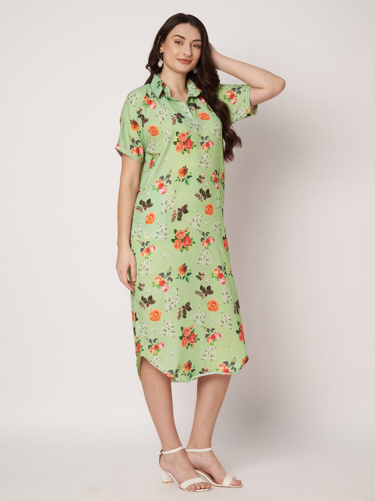 Kuberakshi- Pista Green with Rose flowers long dress with Korean sleeves