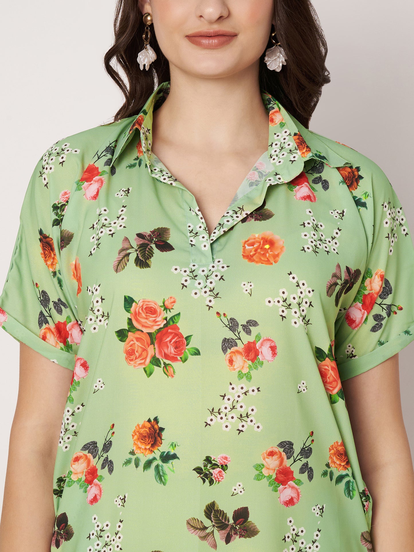 Kuberakshi- Pista Green with Rose flowers long dress with Korean sleeves