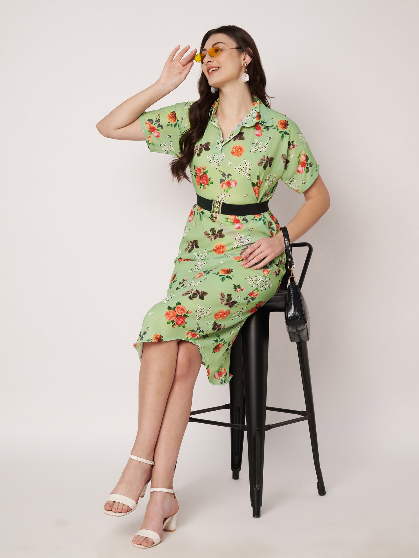 Kuberakshi- Pista Green with Rose flowers long dress with Korean sleeves