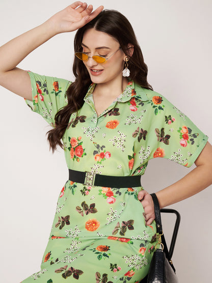 Kuberakshi- Pista Green with Rose flowers long dress with Korean sleeves