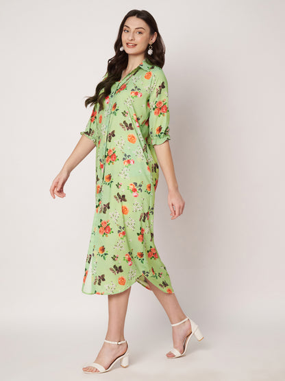 Kuberakshi- Pista green  printed long shirt style dress with belt